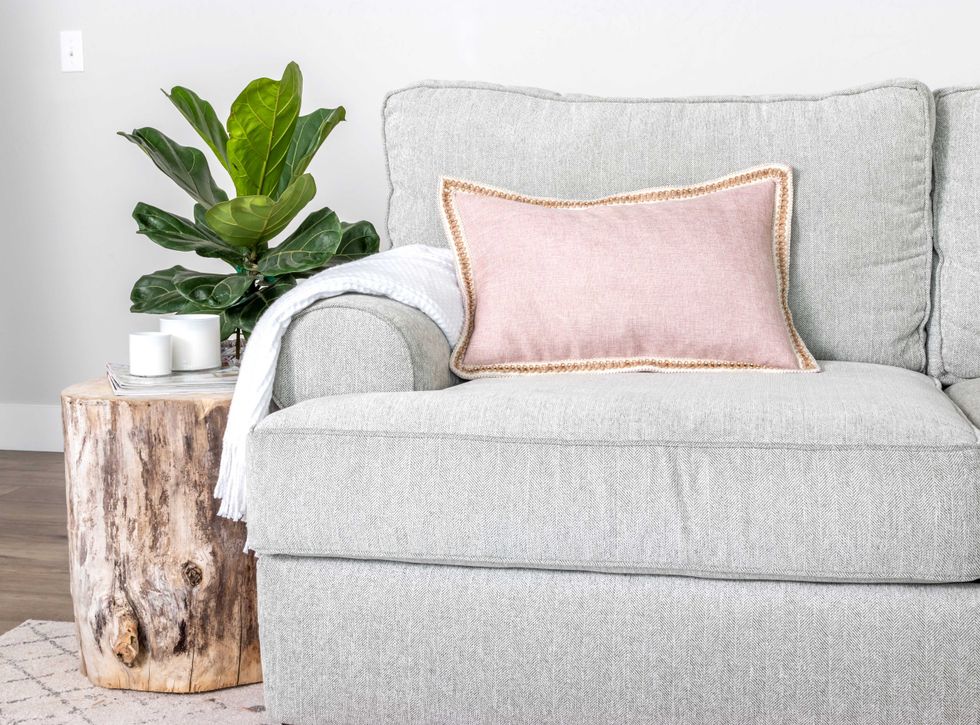 A modern farmhouse home decor scene with couch, wood stump end table, throw pillows and fiddle leaf fig houseplant.