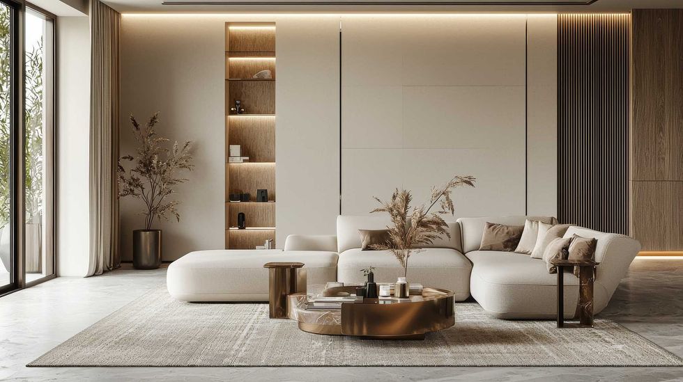 A modern living room featuring stylish white sectional sofa, elegant decor, and warm lighting, creating cozy and inviting atmosphere