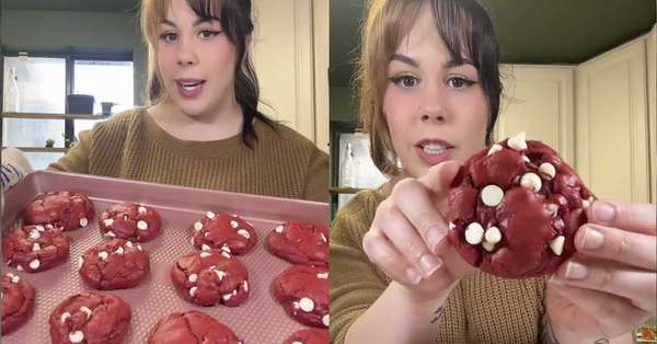 A plate of freshly baked red velvet cookies with a soft, chewy texture, perfect for Valentine’s Day