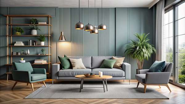 Modern interior design of a stylish living room with minimalist furniture and cool color scheme, interior, room, modern