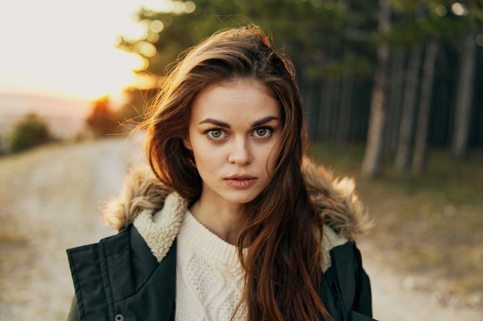 pretty woman in jacket look travel lifestyle. High quality photo