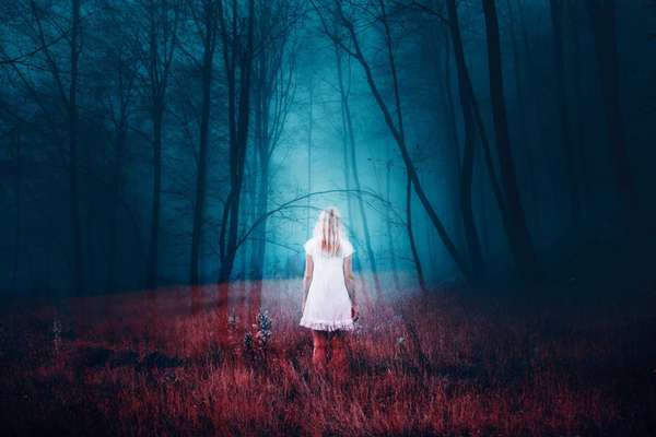 Woman standing in foggy mysterious fantasy forest with grass on the floor. The image with the effect of double exposure.