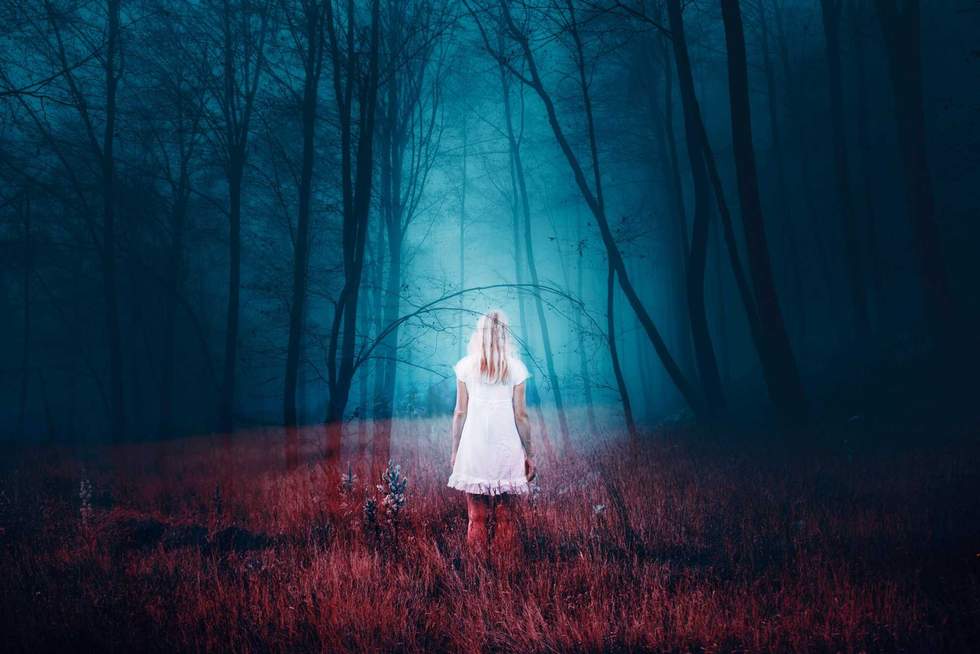 Woman standing in foggy mysterious fantasy forest with grass on the floor. The image with the effect of double exposure.