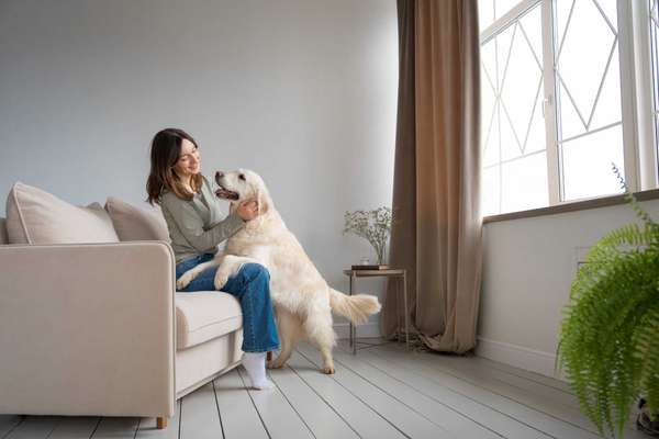 Young woman sitting on sofa petting golden retriever standing on hind legs with paws up, warm moment in bright cozy living room. Life with dog concept